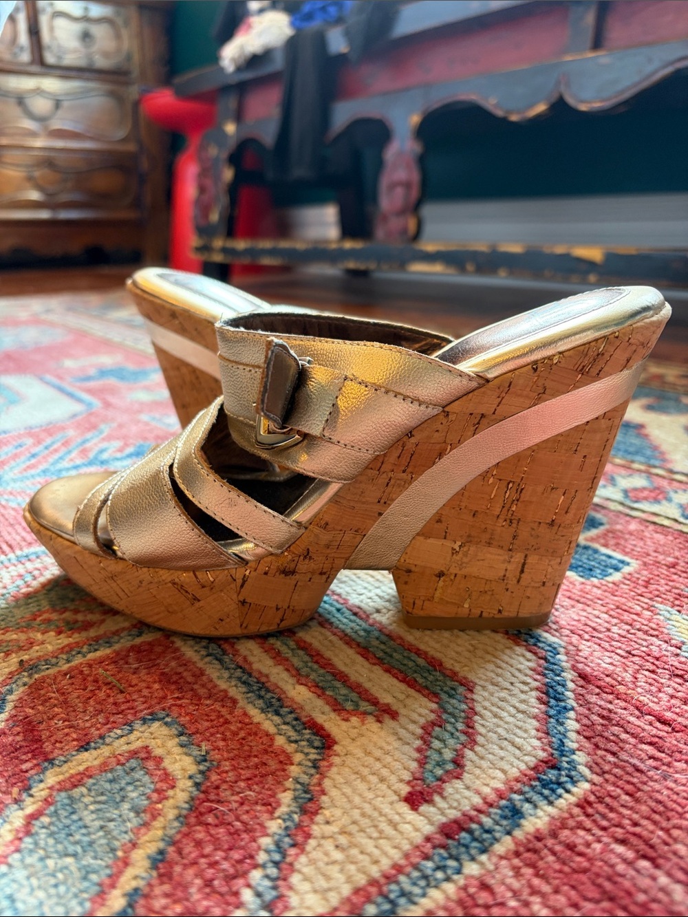 Sofft Metallic Gold Buckle Wedge Sandals